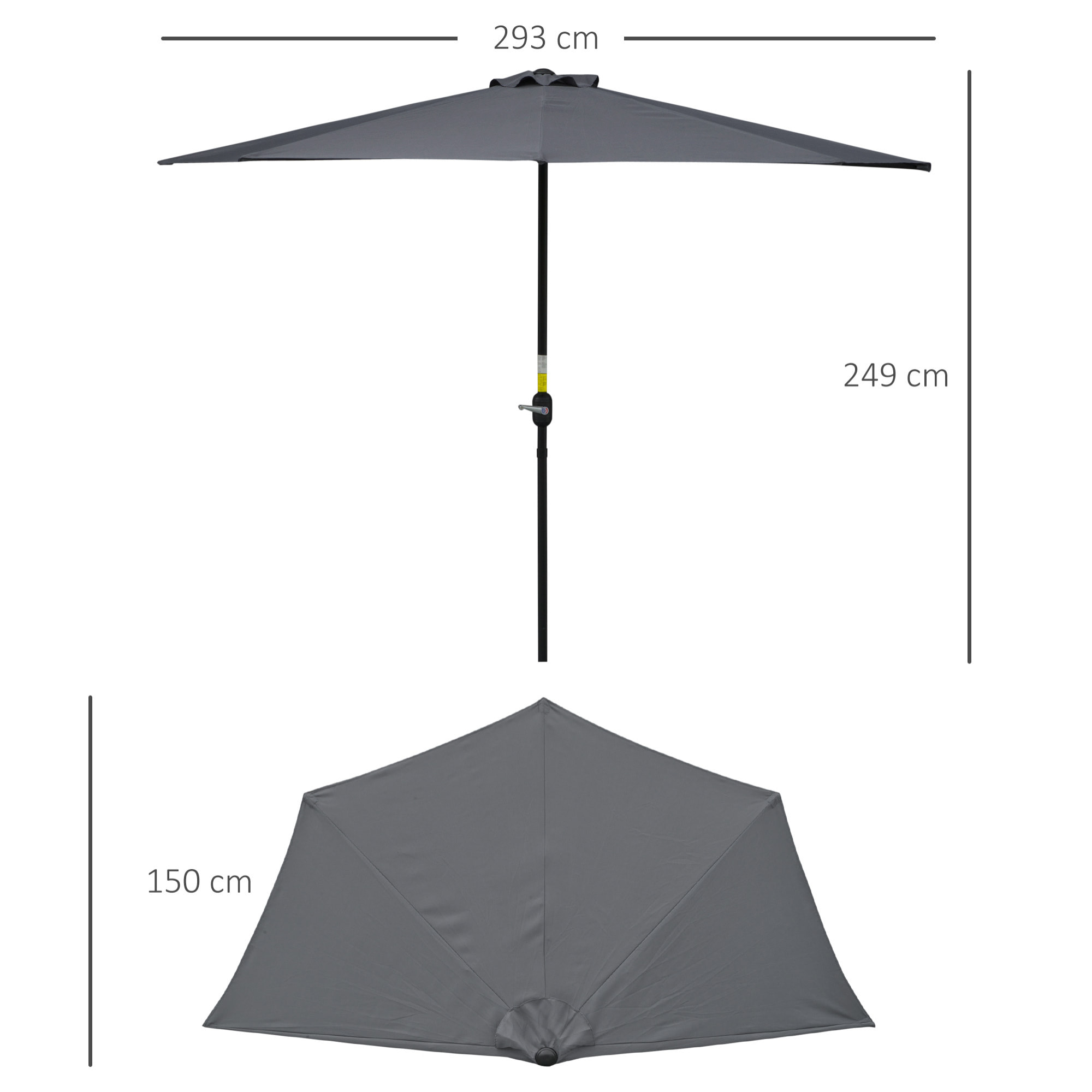 Demi parasol - parasol de balcon 5 entretoises métal - 2,93 x 1,5 x 2,49 m - polyester haute densité gris