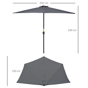 Demi parasol - parasol de balcon 5 entretoises métal - 2,93 x 1,5 x 2,49 m - polyester haute densité gris