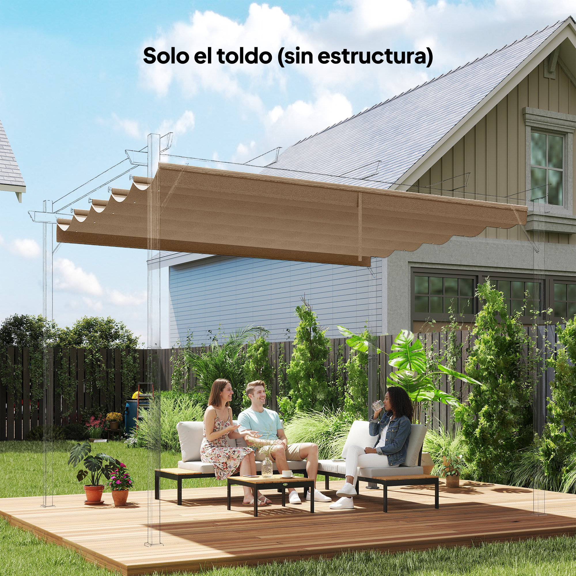 Techo de Pérgola 2,5x2,55 m, Techo de Repuesto Retráctil para Marco de Pérgola de 3x3 m, UV30+, Toldo de Tela Solo para Cenador Jardín con 10 Orificios de Drenaje, Pardo