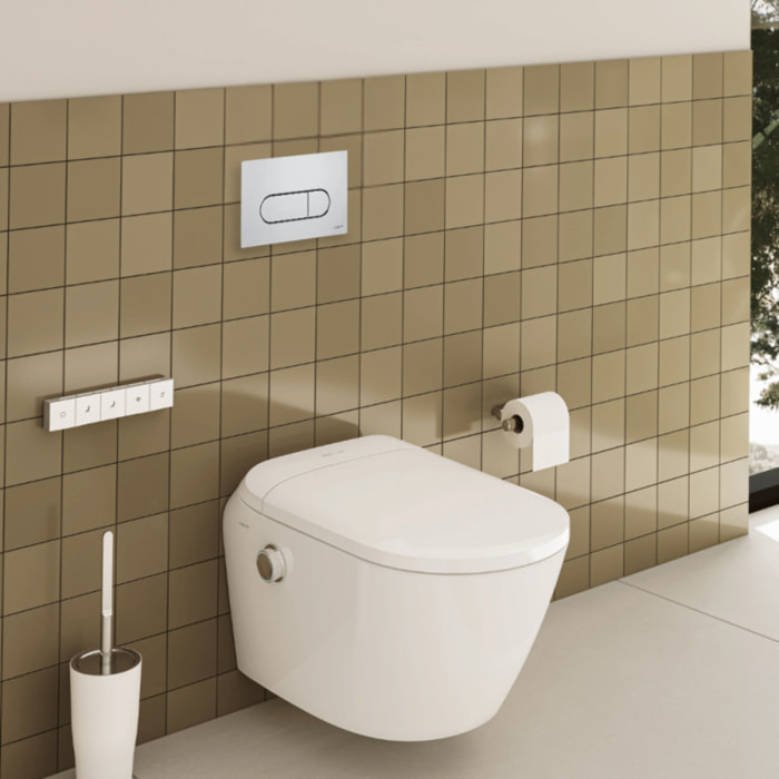 Pack WC lavant suspendu sans bride avec abattant et attentes électriques V-Care Ultra blanc + bâti autoportant V-Fix Easy + plaque chromé