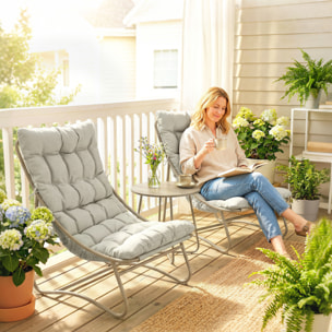Conjunto de Mesa y Sillas de Terraza Exterior de 3 Piezas, Muebles de Jardín Exterior con Cojines, 2 Sillas Lounge Transpirable, Mesa de Café y Marco de Acero, para Patio, Balcón, Gris Claro