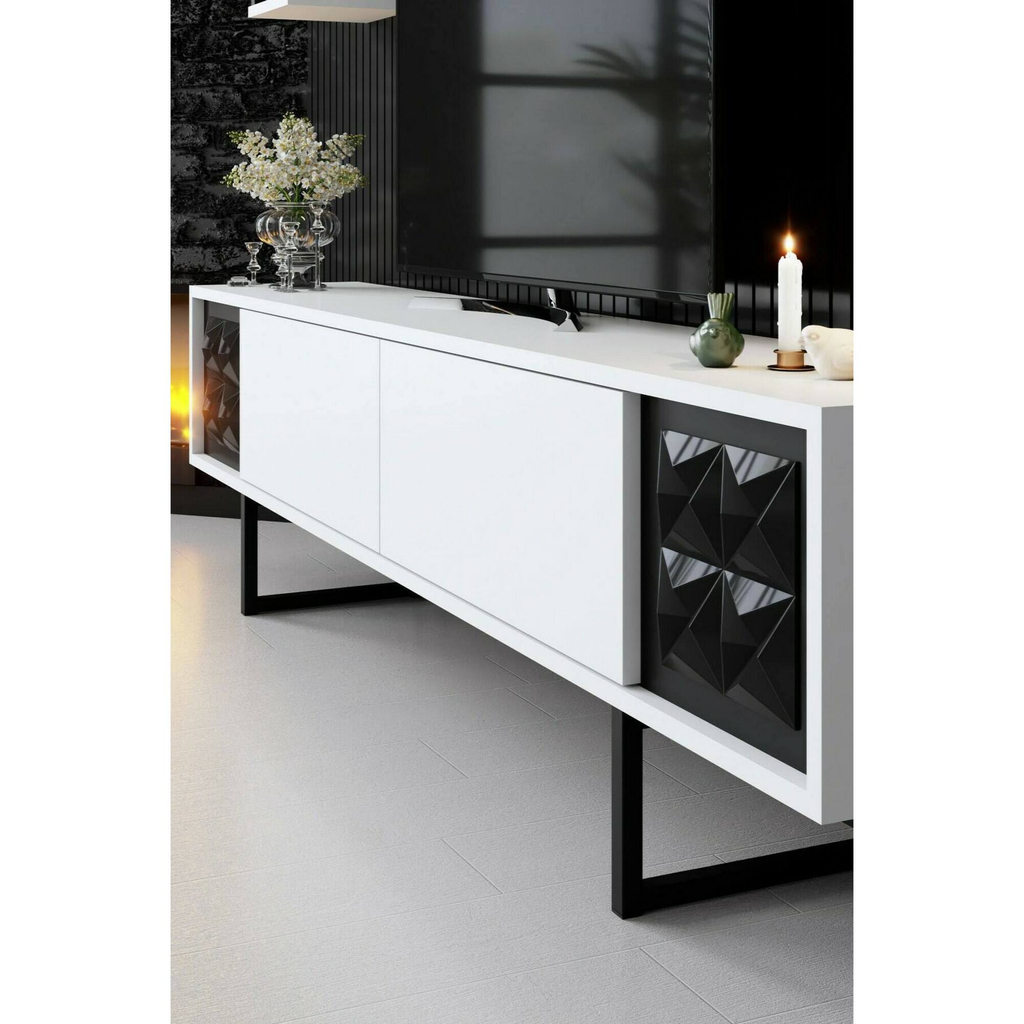 Mobile porta TV Dmiggian, Credenza da soggiorno, Armadio basso per TV, Base parete attrezzata, 180x30h48 cm, Bianco e Nero