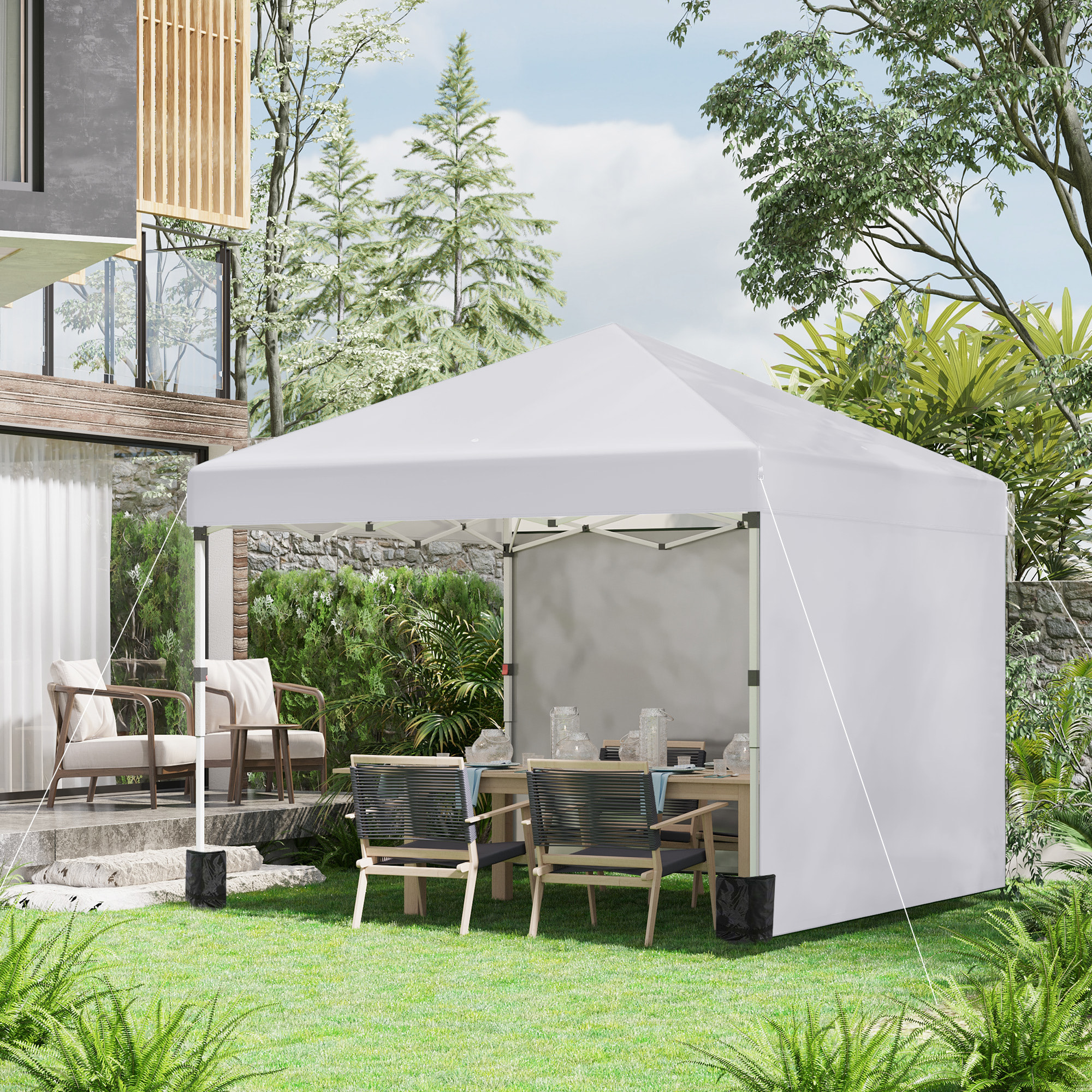 Carpa Plegable Pop-up Gazebo 3x3 m Cenador Plegable con 2 Paredes Laterales Anti-UV Altura Ajustable en 3 Niveles Sacos de Arena y Bolsa de Transporte con Ruedas para Camping Fiestas Blanco