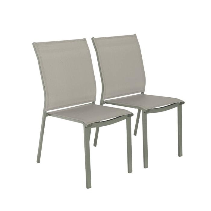 Lot de 2 chaises de jardin CLEVELAND empilables aluminium et textilene kaki. 64.5 x 45.5 x 89.5 cm