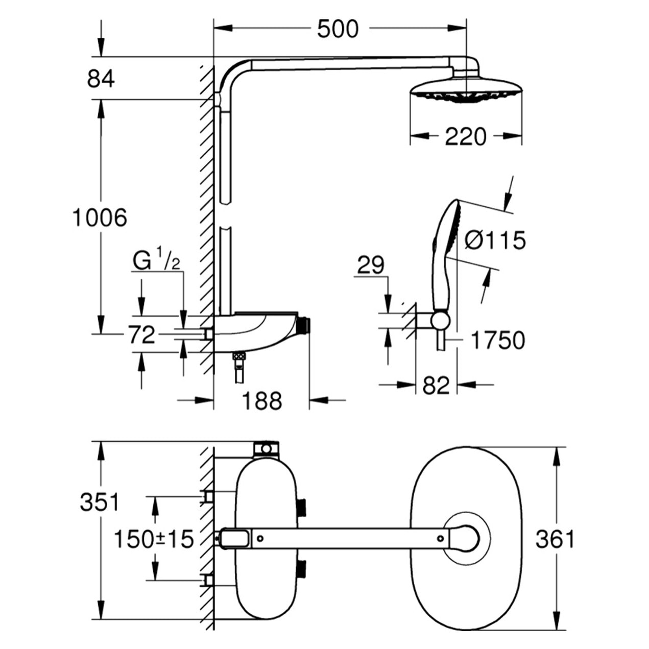 GROHE Colonne de douche avec mitigeur thermostatique Rainshower System SmartControl Duo 360