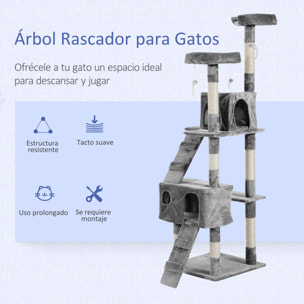 Árbol Rascador para Gatos Grande 49x49x173 cm con Múltiples Niveles con Cuevas Escaleras Juguetes Colgantes Camas Centro Actividades Sisal Gris