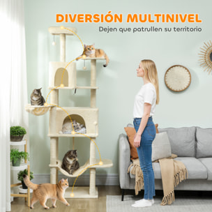 Árbol Rascador para Gatos, Árbol para Gatos 202 cm, Torre Escalador con Plataformas, Cama, Cuevas, Postes de Sisal, Bolas y Cuerda para Jugar, Beige