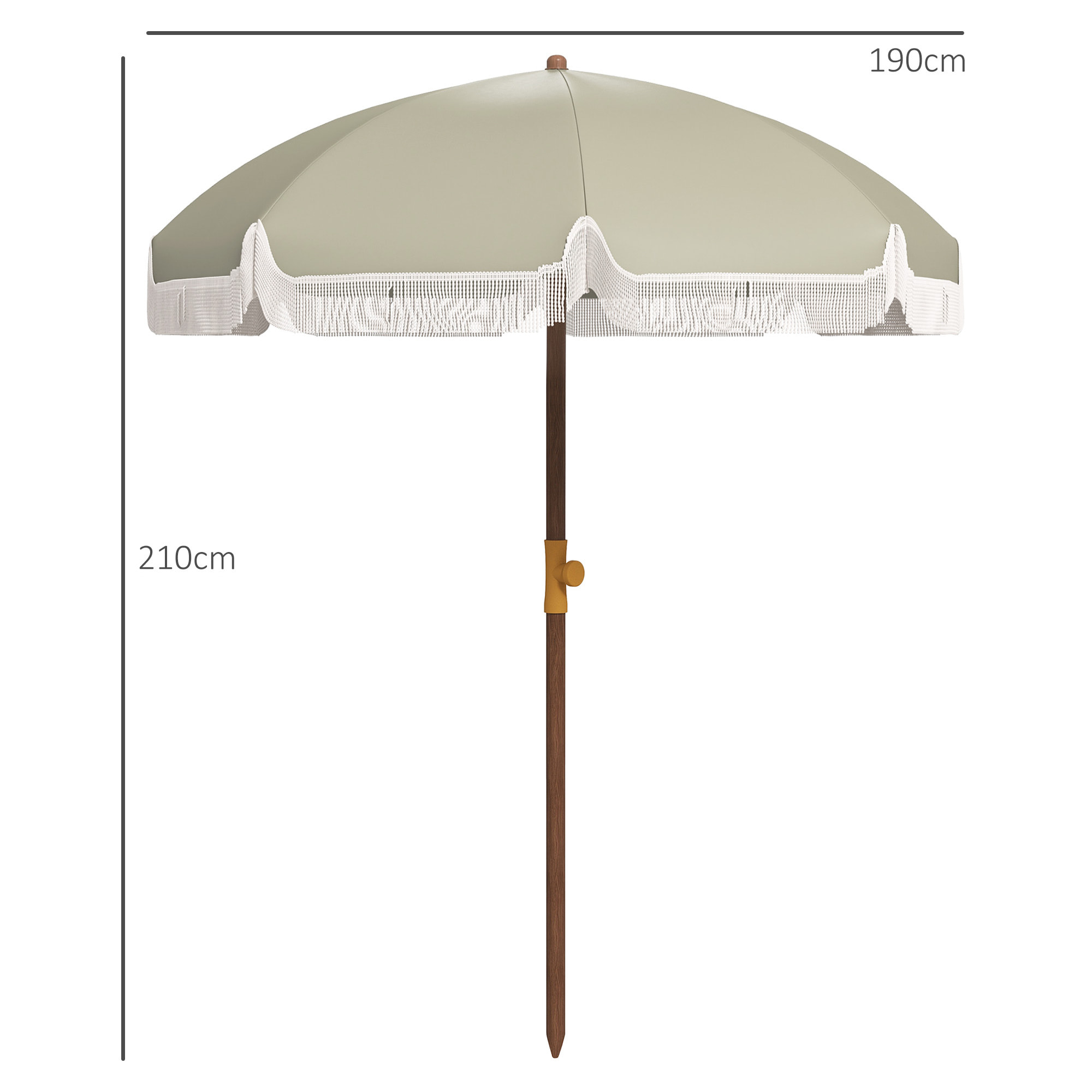 Sombrilla de Playa Grande con Flecos Ø190 cm Sombrilla de Terraza Exterior con Protección UV40+ Antiviento Impermeable Mástil de Ø32 mm y Bolsa de Transporte Verde Oliva Claro