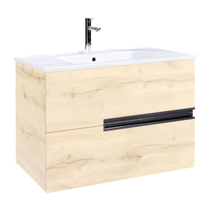 Meuble de salle de bains 80cm Chêne Clair 2 tiroirs avec Vasque céramique blanche - ONE
