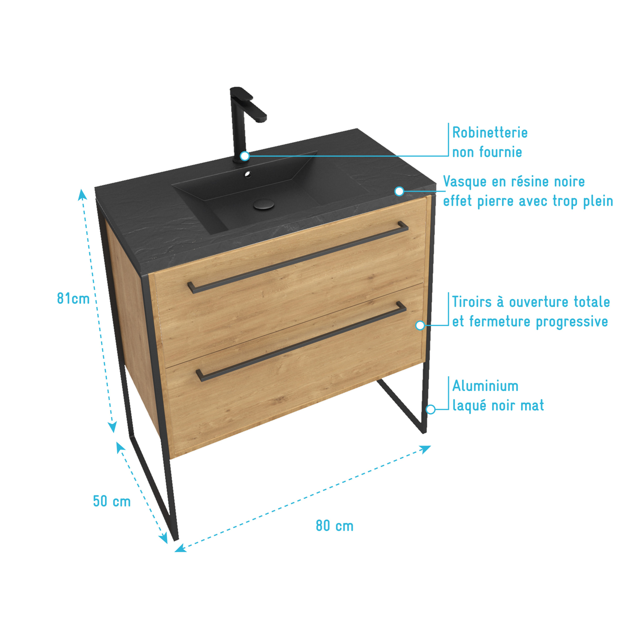 Meuble de salle de bain 80x50cm chêne brun - 2 tiroirs chêne brun- vasque résine noire effet pierre