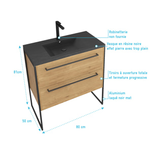 Meuble de salle de bain 80x50cm chêne brun - 2 tiroirs chêne brun- vasque résine noire effet pierre