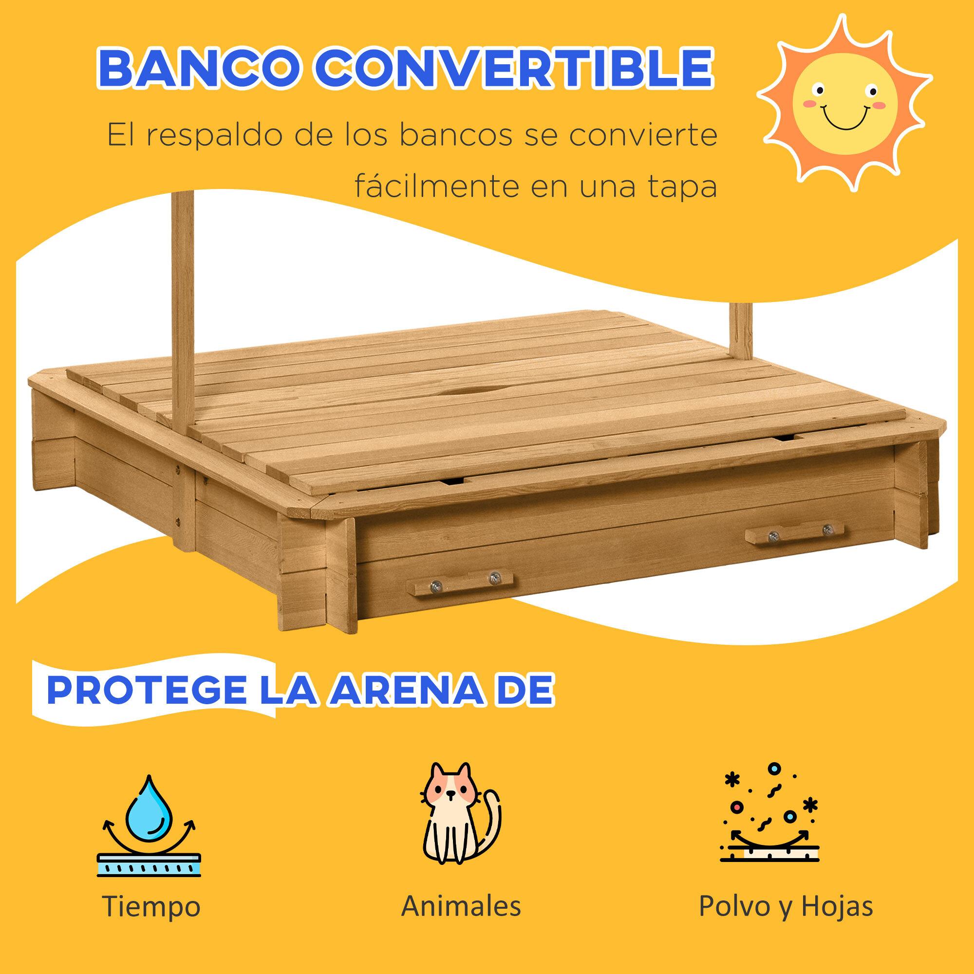 Outsunny Arenero para Niños de Madera Arenero Infantil con Toldo Ajustable en Altura 2 Bancos y Respaldos Desmontables para Patio Jardín 106x106x121 cm Natural y Rayas Verdes