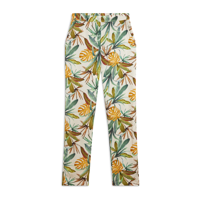 Pantaloni donna in satin di viscosa a fantasia tropical