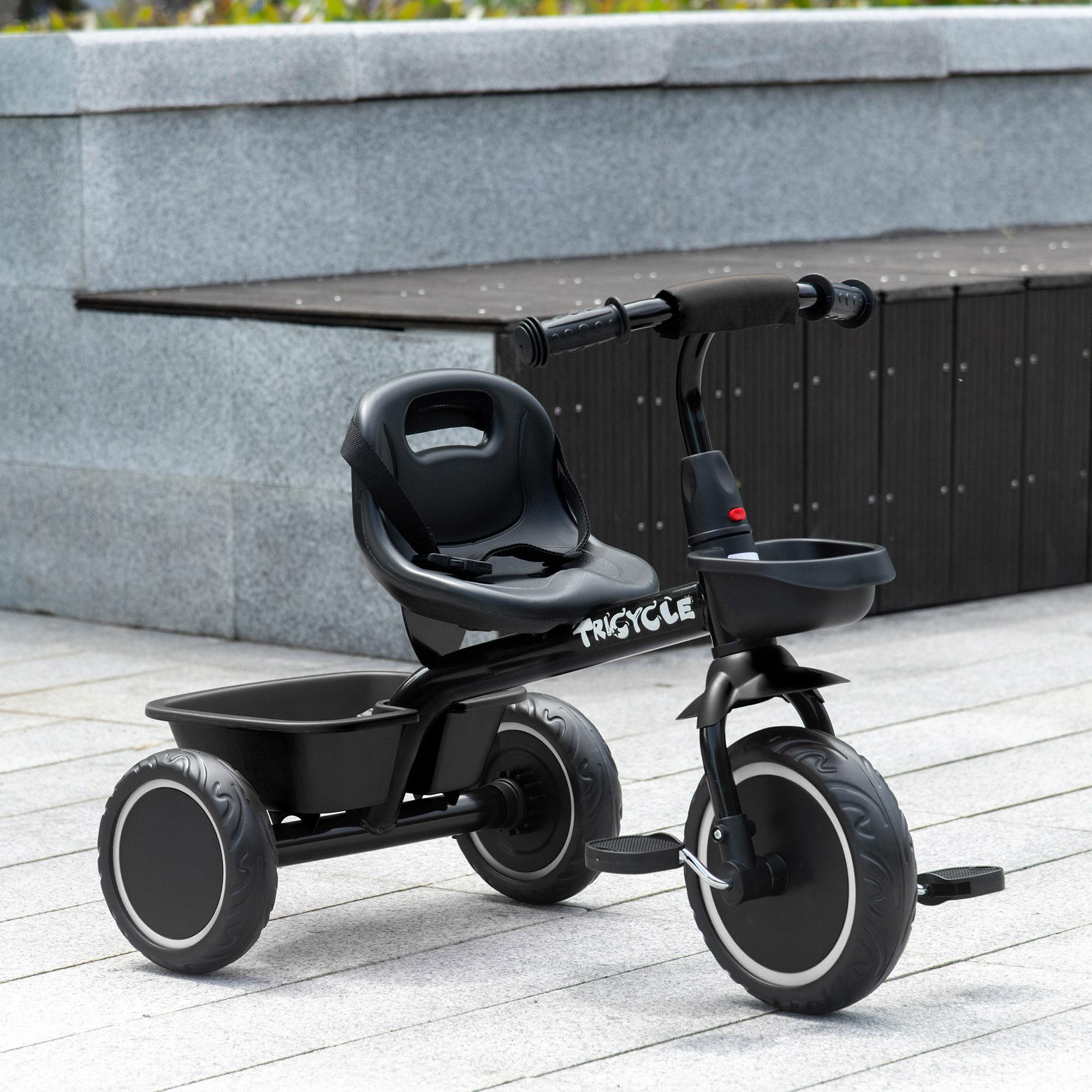 AIYAPLAY - Tricycle pour enfant évolutif avec siège réglable - pédales - 2  paniers - ceinture - pour enfant de 2 à 5 ans - noir