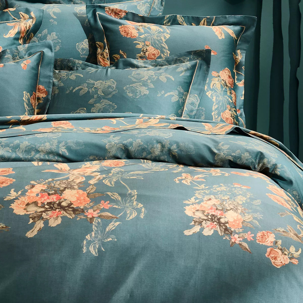 Housse de couette satin de coton 115 g/m² imprimé vert orange Roses d'automne vert anglais