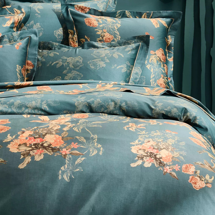 Housse de couette satin de coton 115 g/m² imprimé vert orange Roses d'automne vert anglais
