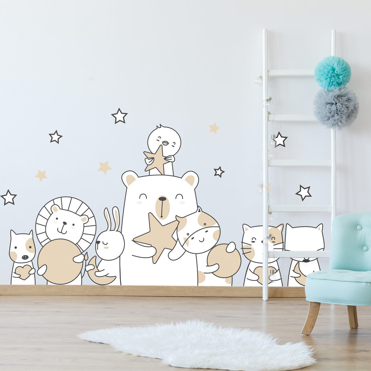 Stickers muraux | Sticker Mural Autocollant - ANIMAUX À LA PÊCHE À LA LUNE ET AUX ÉTOILES - Stickers adhésifs