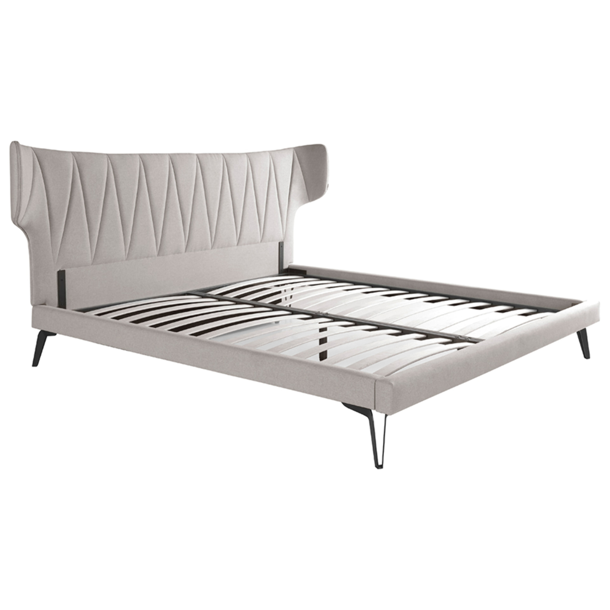 Cama Angel Cerdá de matrimonio con cabecero y estructura en tela gris claro y patas de acero inoxidable en epoxi negro 233x213x112cm