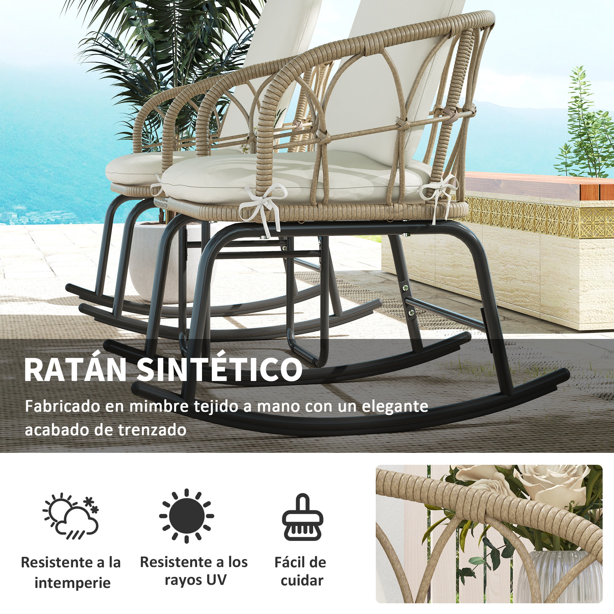 Conjunto de Muebles de Ratán de 3 Piezas Cojunto de Mecedoras de Jardín con 1 Mesa de Centro 2 Mecedoras y Cojines para Jardín Terraza Patio Crema y Beige