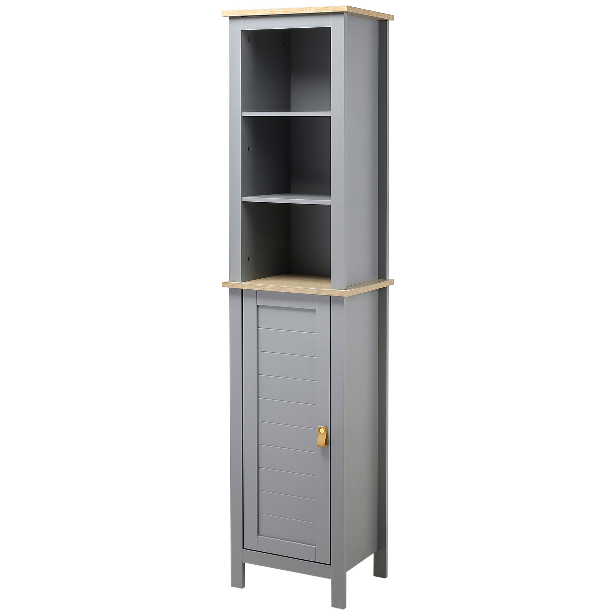 kleankin Armario Alto de Baño Mueble Columna Estrecho Moderno con 1 Puerta Estante Ajustable y 3 Compartimentos Abiertos 39x30x168 cm Gris