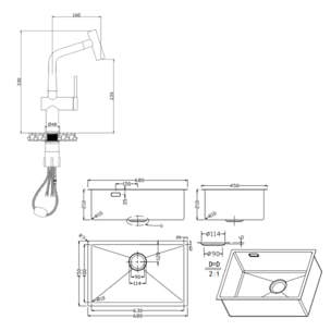 Timeless 68x45x21 cm évier sous plan en inox 304 +  mitigeur inox avec douchette extractible, or brossé (TMLKSU-6845BG-M1)