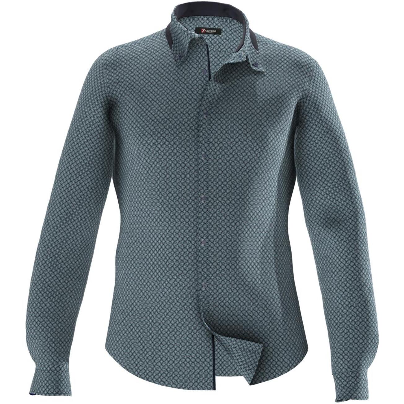 Camicia Uomo 2bottoni Button Down Doppio Collo Slim Popeline Stampato ottanio e blu
