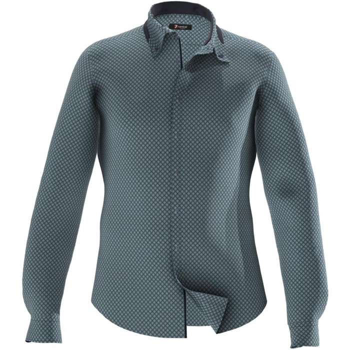 Camicia Uomo 2bottoni Button Down Doppio Collo Slim Popeline Stampato ottanio e blu