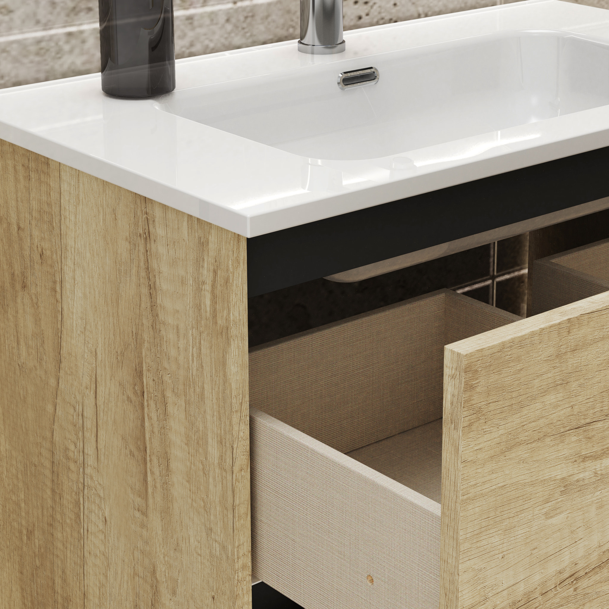 ENSEMBLE DE SALLE DE BAIN GLOOM | MEUBLE DE SALLE DE BAIN SUSPENDU | 70 CM NATURE | DEUX TIROIRS | LAVABO ENCASTRÉ | MEUBLE MONTÉ | ALDAY