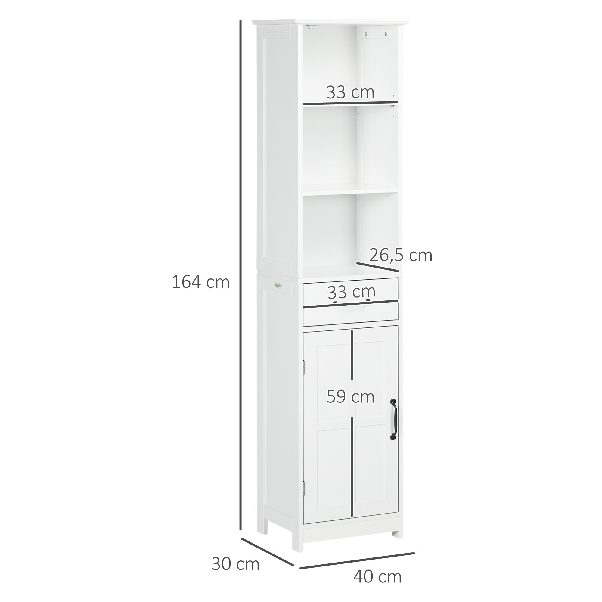 Colonne salle de bain dim. 40 x 30 x 164 cm - porte, étagère, tiroir, 3 niches - blanc