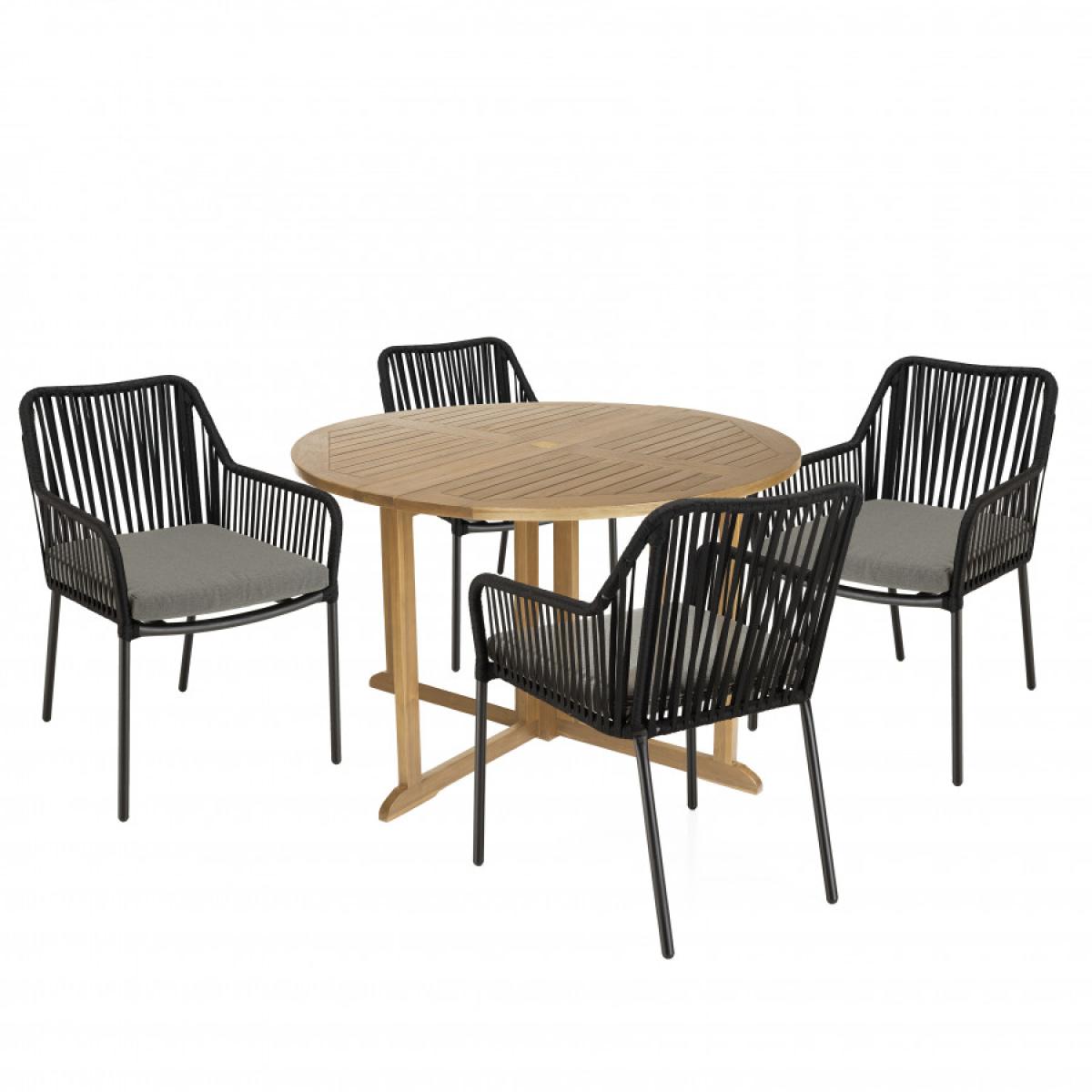 MALO - SALON DE JARDIN 4 PERS. - 1 Table ronde 120x120cm et 4 fauteuils noirs et gris en cordage
