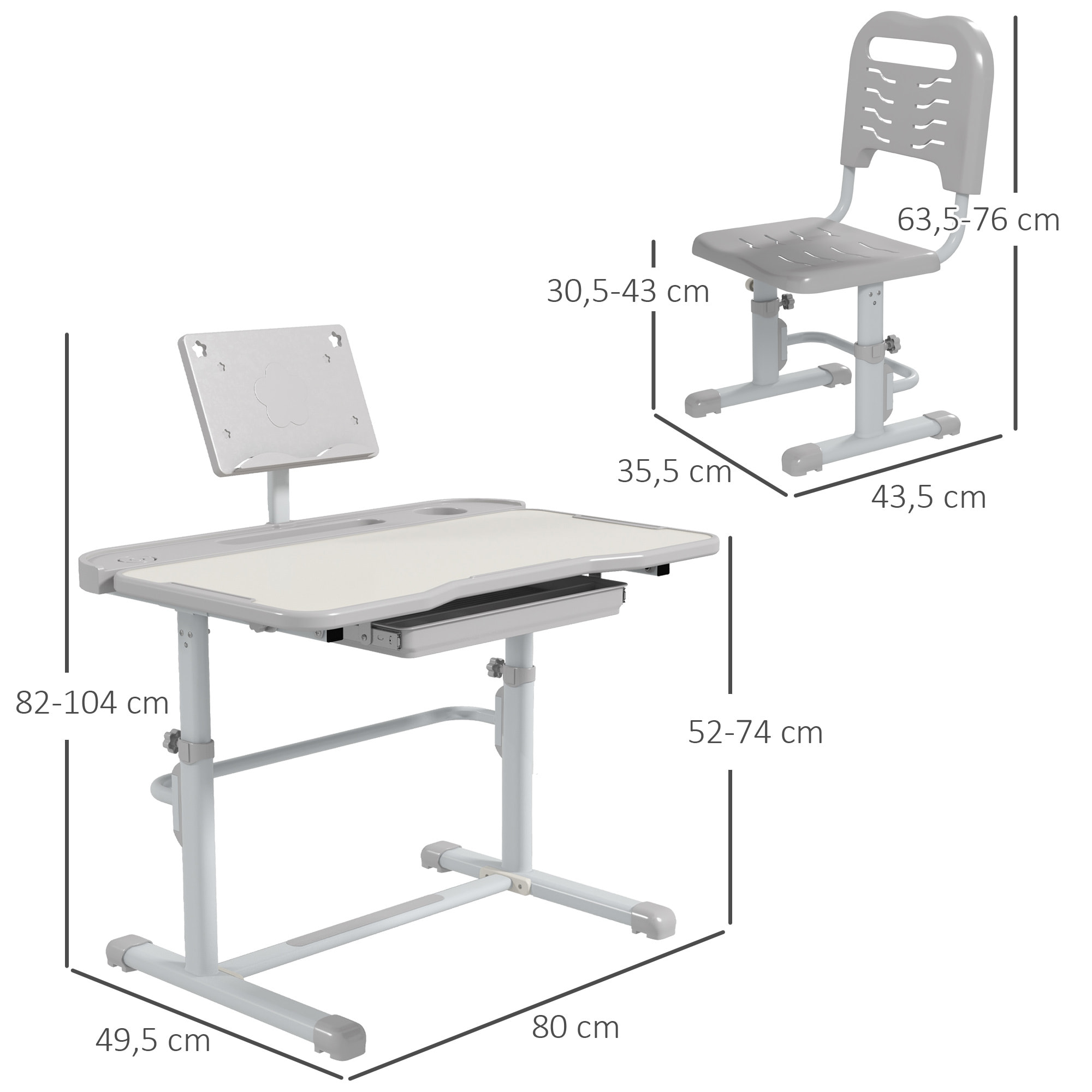 Juego de Escritorio y Silla para Niños de 6-12 Años Pupitre Infantil Altura Ajustable con 1 Cajón 1 Estante para Libros y Ángulo de Mesa Ajustable 80x49,5x82-104 cm Gris y Blanco