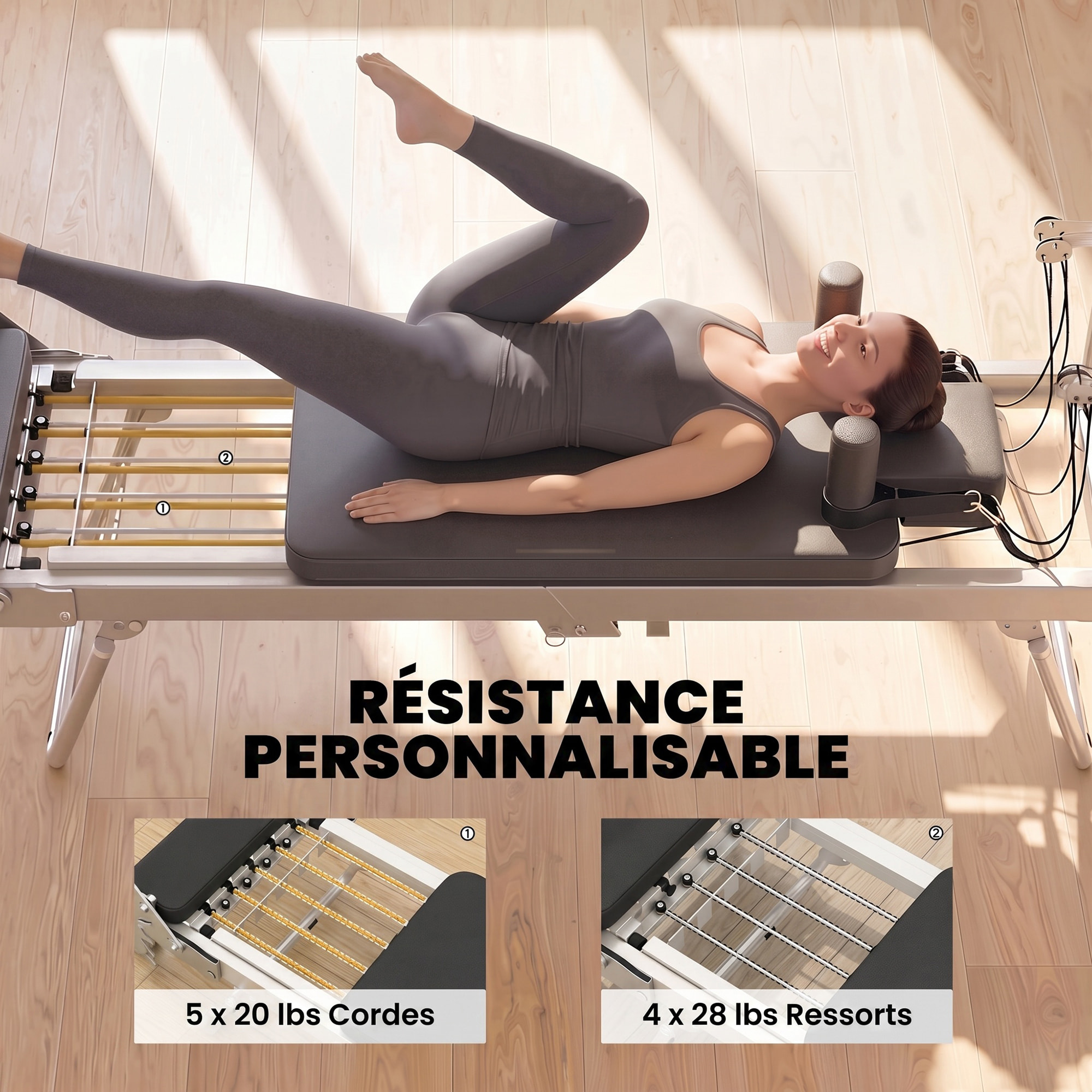 Machine reformer pilates pliable système hybride 4 ressorts acier blanc