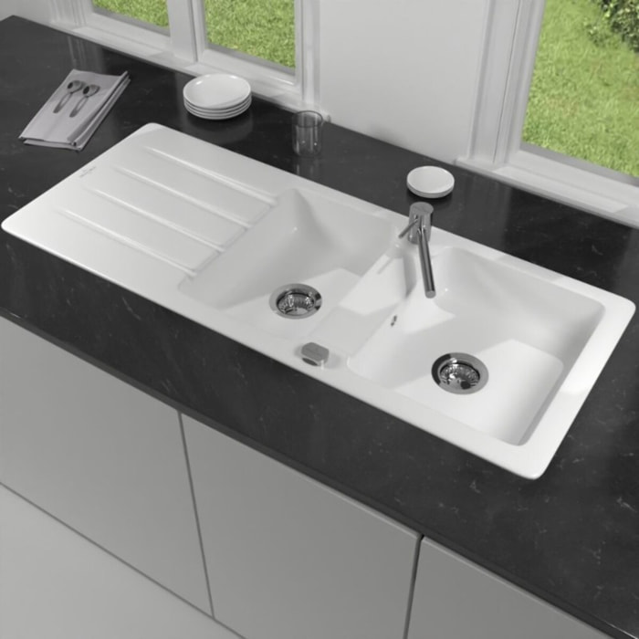 Evier 1 bac et demi 116 x 51 cm Architectura 80 Blanc vidage automatique inclus