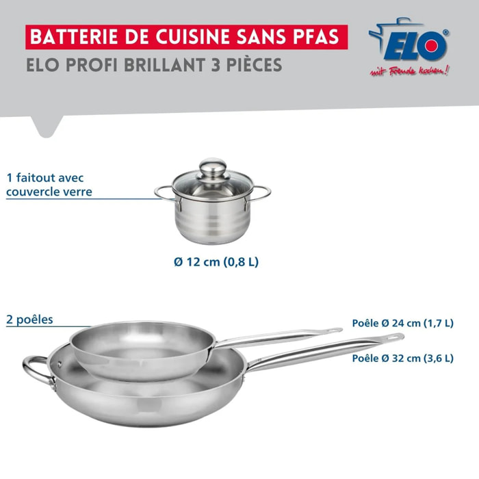 Ensemble de 2 Poêles de cuisson 24 et 32 cm et 1 faitout 12 cm Elo Profi Brillant