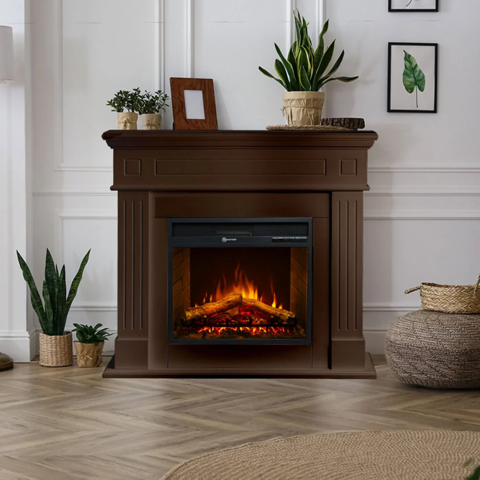 Cambridge - Camino Elettrico da Terra con Effetto Fiamma 110x100x36 cm In Legno Noce