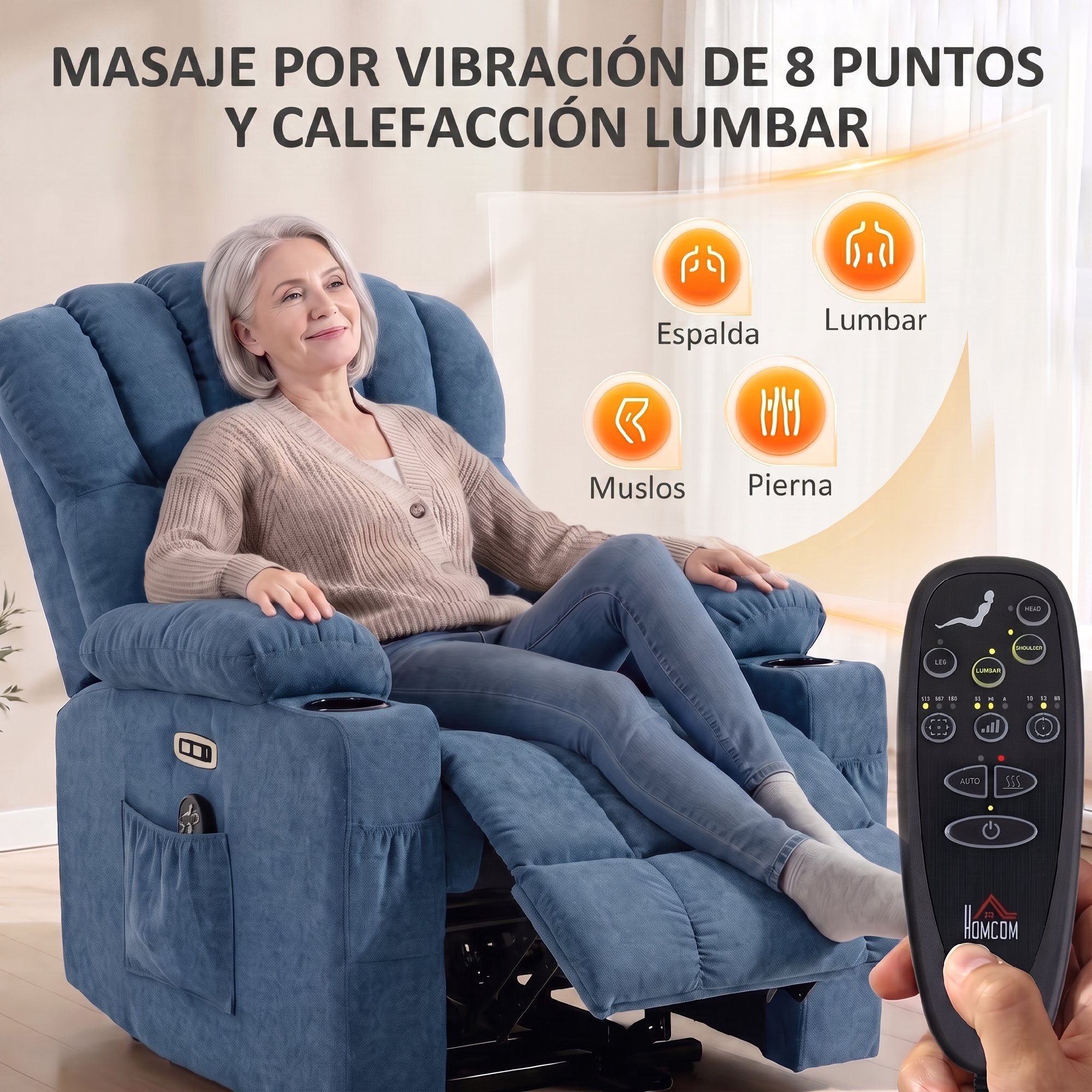 Sillón Relax Reclinable Eléctrico Levanta Personas Mayores con 8 Puntos Masaje Vibratorio y Calor, Sillón Elevador, Asiento Ancho, USB-C, USB-A, Bolsillos, Portavasos, Reposapiés, de Rizo Azul