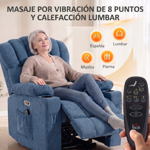 Sillón Relax Reclinable Eléctrico Levanta Personas Mayores con 8 Puntos Masaje Vibratorio y Calor, Sillón Elevador, Asiento Ancho, USB-C, USB-A, Bolsillos, Portavasos, Reposapiés, de Rizo Azul