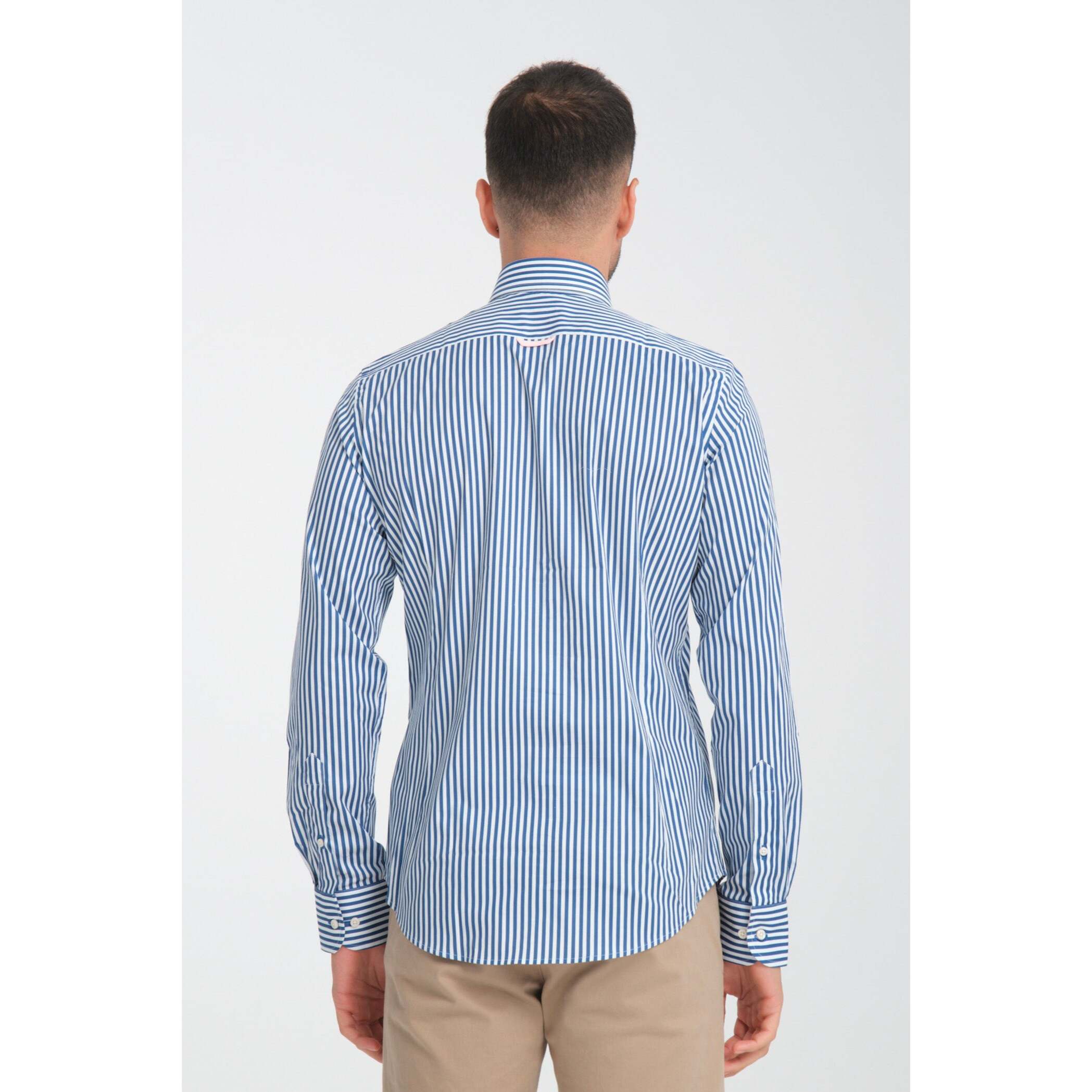 camicia uomo 1 bottone button down slim Popeline Stretch Riga Media Bianco Blu Avion