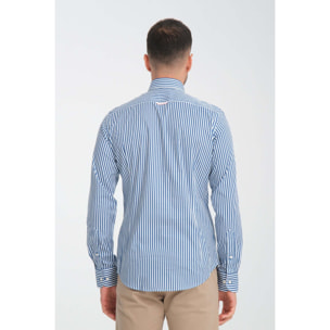 camicia uomo 1 bottone button down slim Popeline Stretch Riga Media Bianco Blu Avion