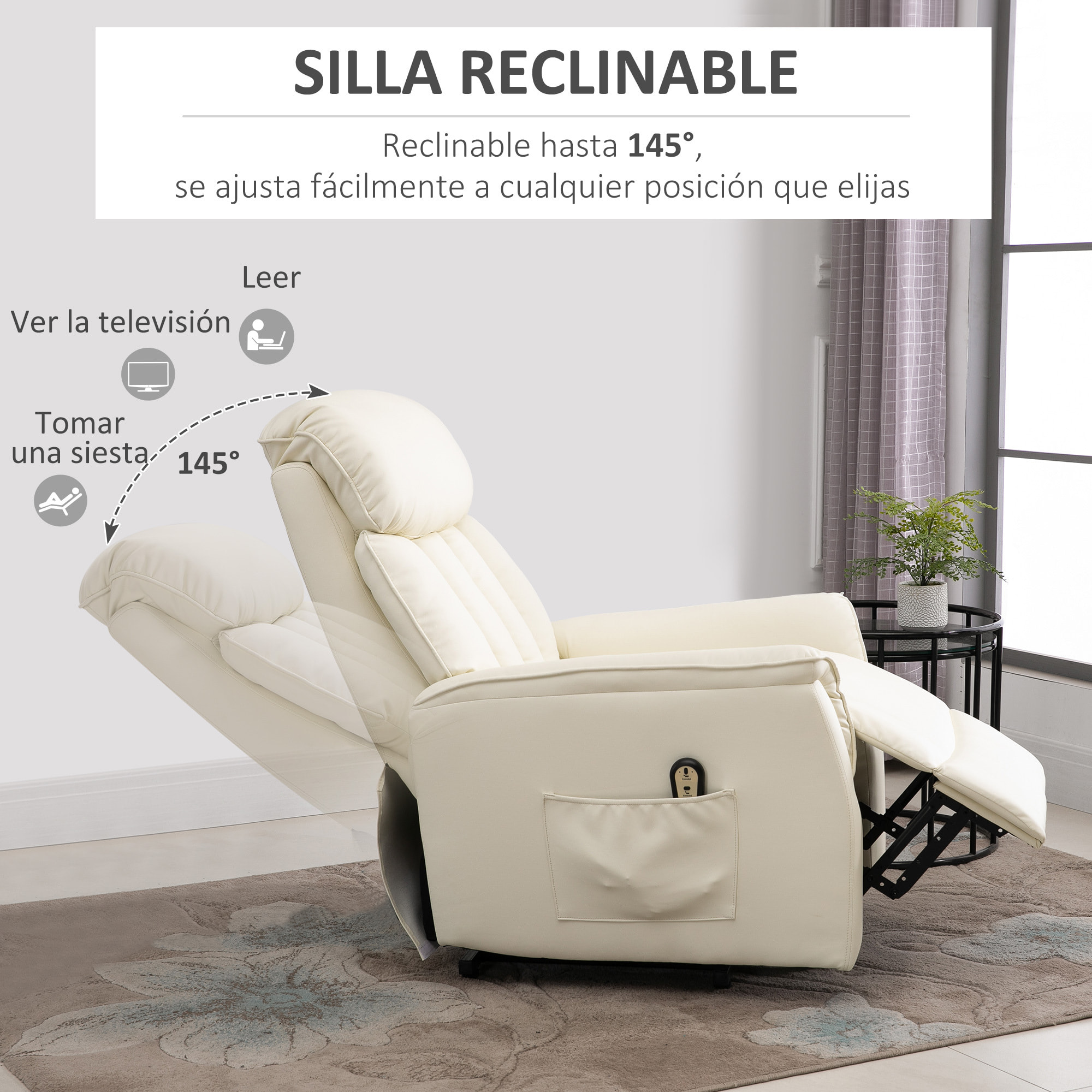 Sillón Levanta Personas Sillón de Relax Elevador con Reposapiés Mando a Distancia Reclinación Eléctrica Bolsillo Lateral Carga 150 kg 80x94x104 cm Crema