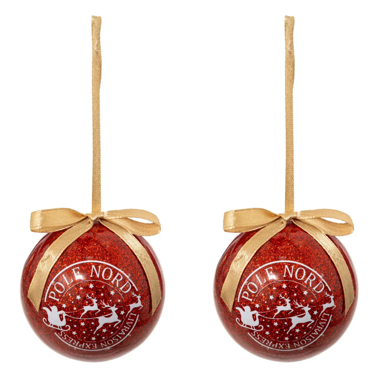 Lot de 2 boules de Noël papier imprimé "Timbre" rouge 60mm