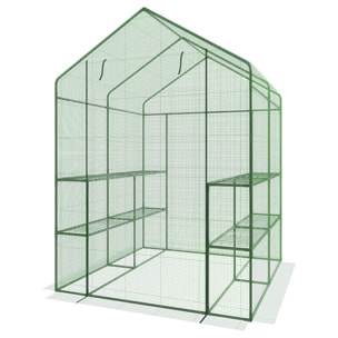 Serra Da Giardino Con 8 Scaffali Ripiani Per Piante Orto Telaio Acciaio Verniciato Telo PE Verde Porta Avvolgibile Apertura A Cerniera 143x138x190 Cm