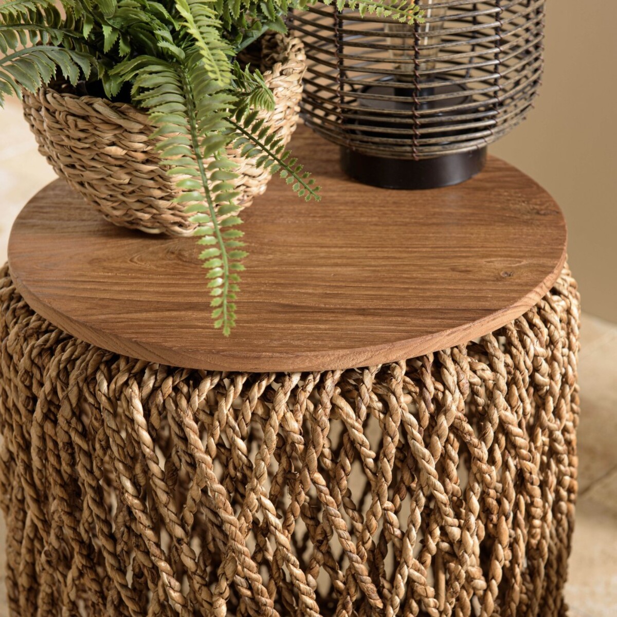 SIXTINE - Table d'appoint ronde diam40 rotin plateau bois teck recyclé