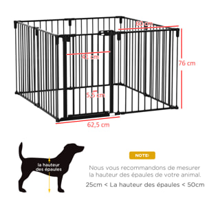 Barrière de sécurité - parc enclos chien modulable pliable - porte verrouillable - 8 panneaux acier et PP - dim. 482,5L max. x 76H cm noir