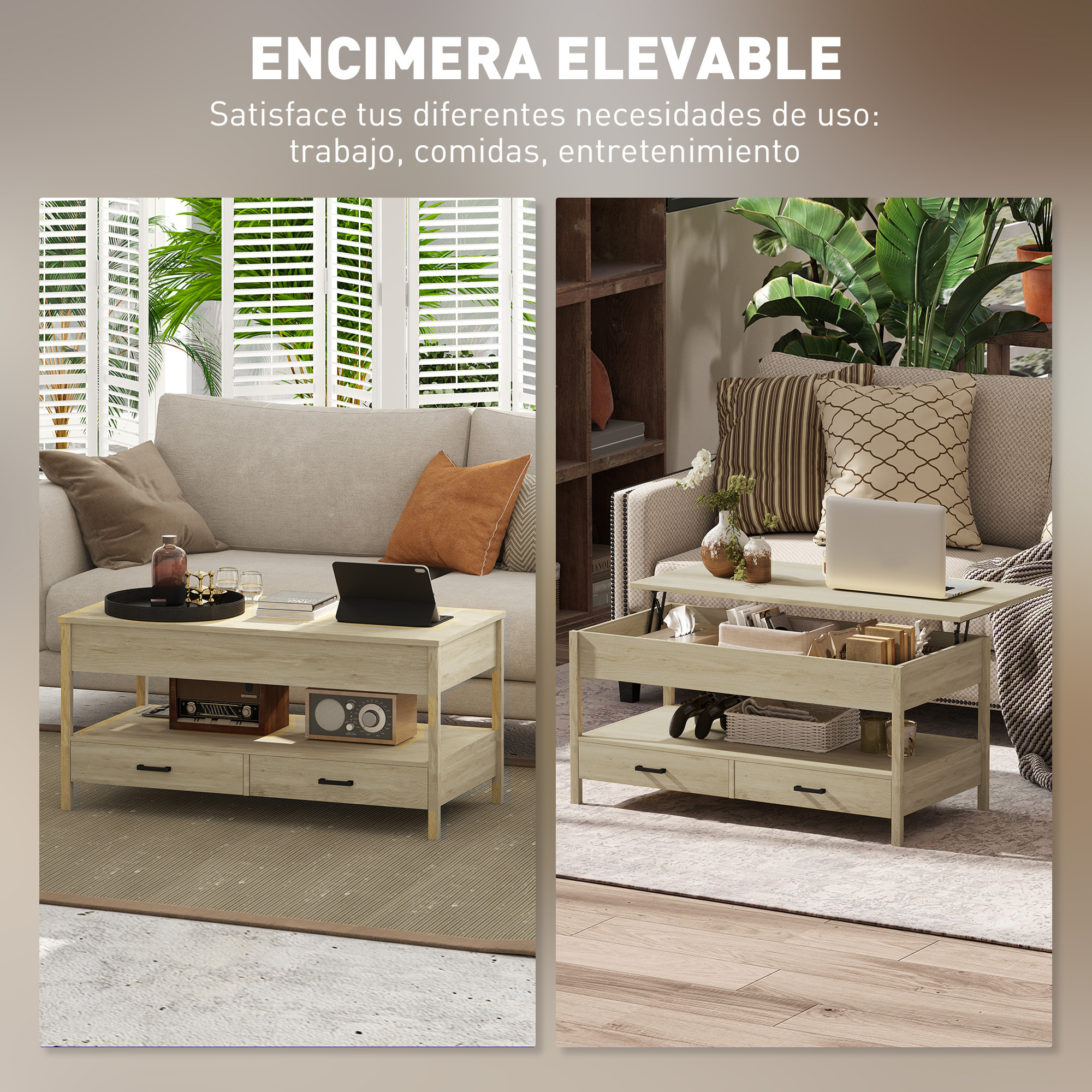 Mesa de Centro Elevable Mesa de Café con Encimera Elevable Espacio Oculto de Almacenaje Cajones y Estante Abierto 100x50x48-62 cm Roble