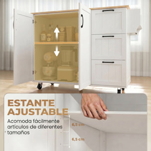 Isla de Cocina con Encimera Extensible y Estación de Carga, Carro de Cocina con Ruedas, 2 Puertas, 3 Cajones, Estantes Ajustables, Especiero y Toallero, Blanco