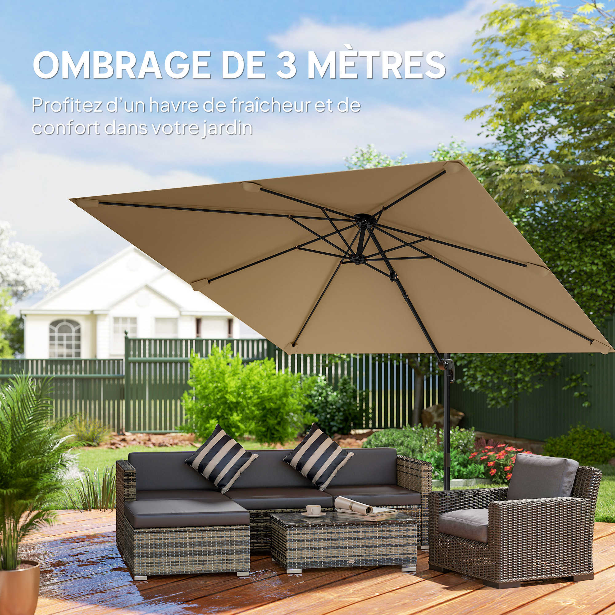 Parasol déporté pivotant inclinable 3 x 3 m alu métal polyester kaki