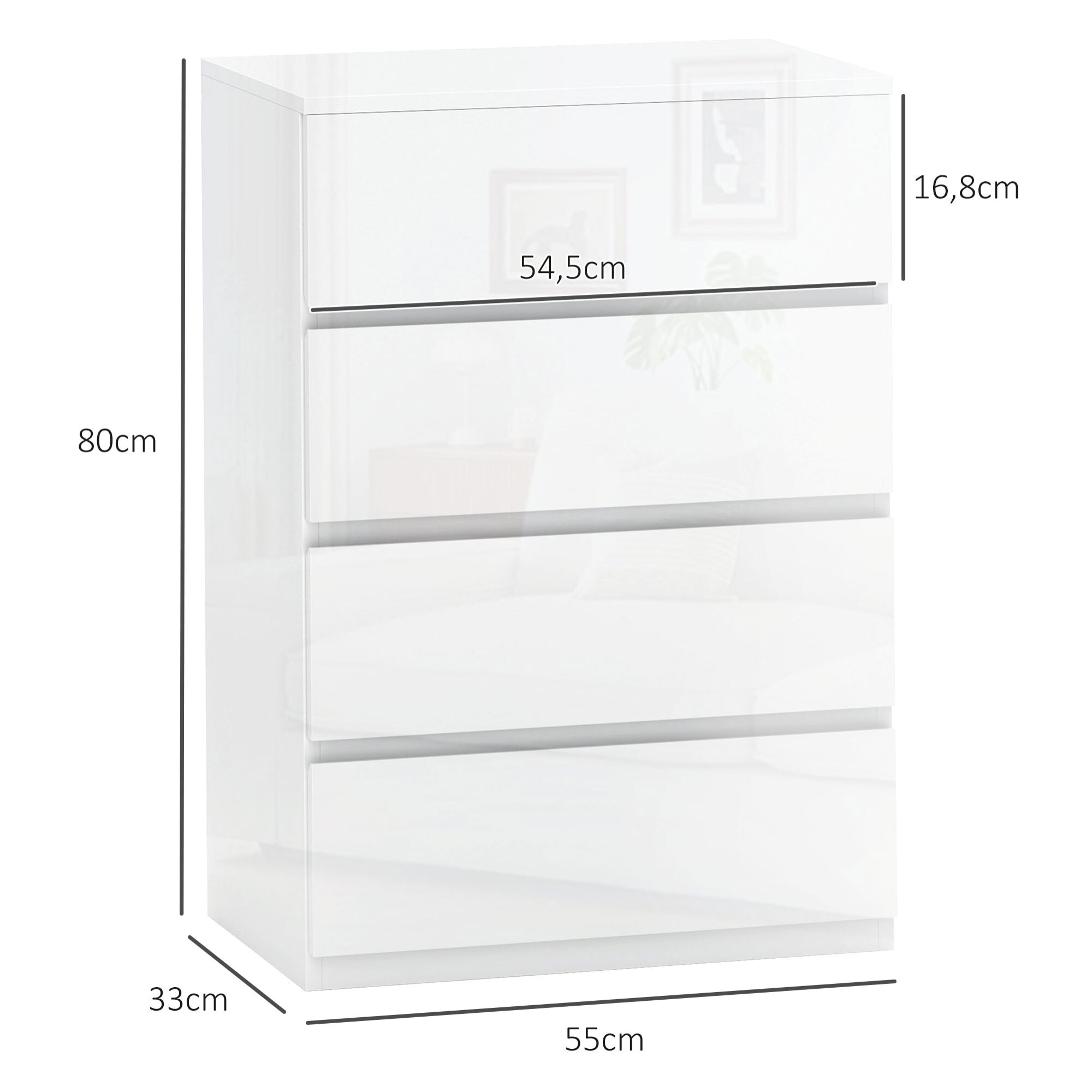 Cómoda con 4 Cajones Cómoda de Dormitorio Moderno con Diseño Anti-vuelco Cajonera para Salón Pasillo 55x33x80 cm Blanco Brillante