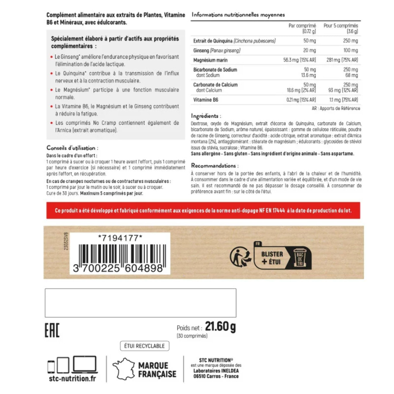 No Cramp - Favorise la contraction musculaire - Anti-crampes & anti-acide lactique - Aide à lutter contre la fatigue - Sans Gluten - Marque Française - Cure 30 jours