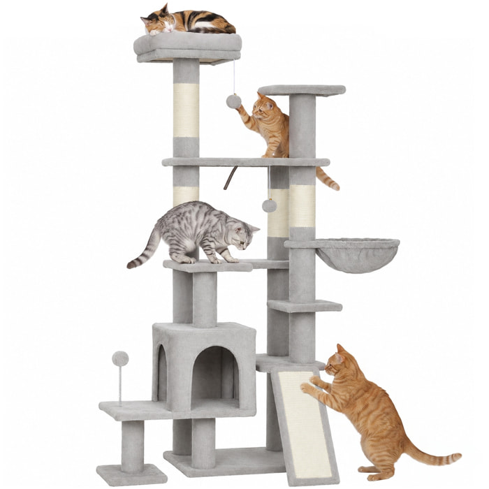 Árbol Rascador para Gatos 152 cm, Torre para Gatos Multinivel con Cueva, Hamaca, Cama, 4 Postes de Sisal, Escalera Rascadora, 3 Bolas Colgantes, Tela de Felpa, para 1-2, Gris Claro